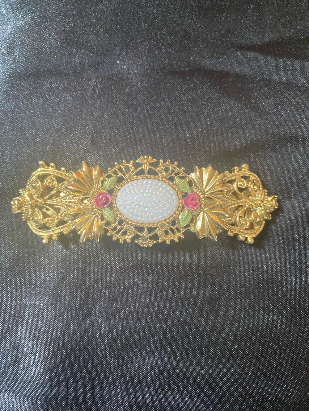 Victorian Revival Ornate Gold Floral Barrette with Pearl Center